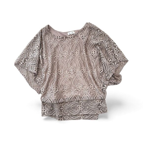 Brittany Black Lace Overlay Brown Tunic Top Scoop Neck Short Sleeves Size Medium - Picture 4 of 5